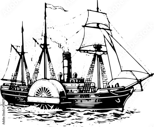 Vintage Black and White Engraving Illustration of Steam Paddle Wheel Ship with Sails Historical Mail Steamer for Stock Vector