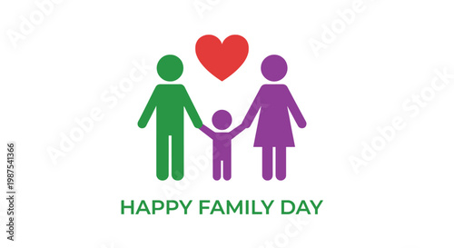 A green and purple family with a red heart celebrates family day