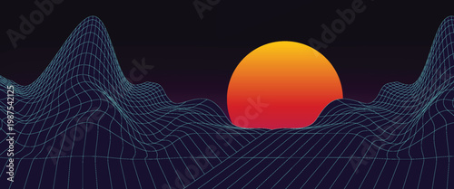 Retro background futuristic landscape 1980s style. Digital retro landscape cyber surface. 80s party background . Retro 80s fashion Sci-Fi Background Summer Landscape.