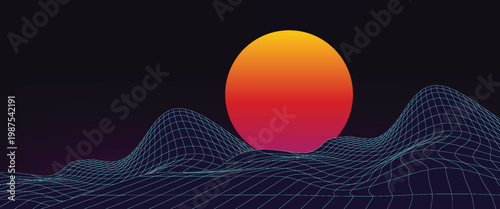 Retro background futuristic landscape 1980s style. Digital retro landscape cyber surface. 80s party background . Retro 80s fashion Sci-Fi Background Summer Landscape.