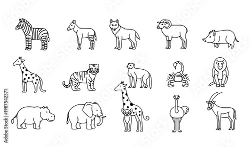 Wildlife animal outline icons set with zebra giraffe elephant and safari animals vector isolated on white