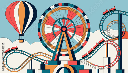 Vibrant Geometric Amusement Park Landscape with Ferris Wheel and Roller Coaster in Flat Vector Style.eps