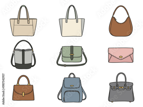 Handbag collection: set of 9 isolated hand-drawn doodle fashion accessories, tote, clutch and crossbody icons