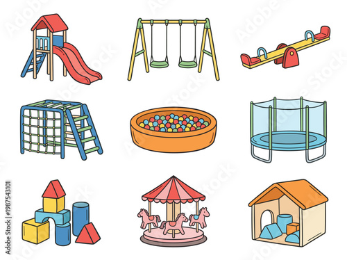 Children's playground equipment set: 9 hand-drawn doodle icons for kids entertainment center and play area