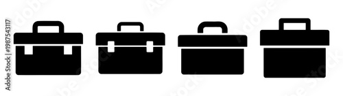 Black toolbox icon set, industrial tool box silhouettes, 4 repair kit vector symbols