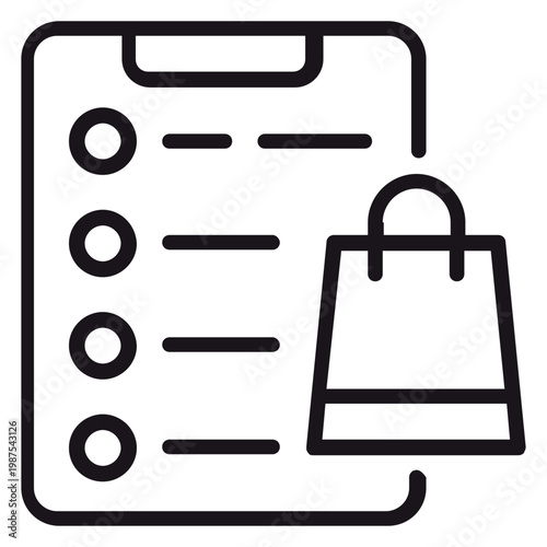 Black line vector icon of a shopping list on a clipboard with a shopping bag symbol, representing grocery planning, retail checklist, e-commerce order, and consumerism illustration design.