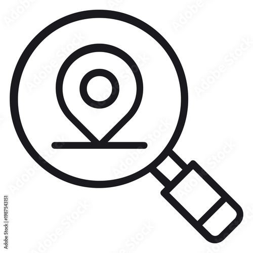 Magnifying glass with location pin vector icon illustration for local search, finding a place, navigation, and GPS tracking. Minimalist black line symbol for web and mobile app interface design.