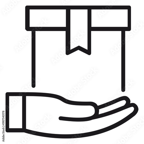 Quadro em tela Hand holding a gift box vector icon, minimalist black line art illustration of a present being offered or delivered, symbol for charity, donation, e-commerce service, and special gift offers