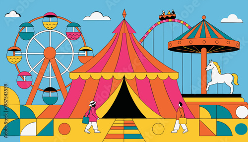 Playful Geometric Fairground Illustration Featuring Abstract Amusement Park Rides and Retro Circus Tent on Blue Background.eps