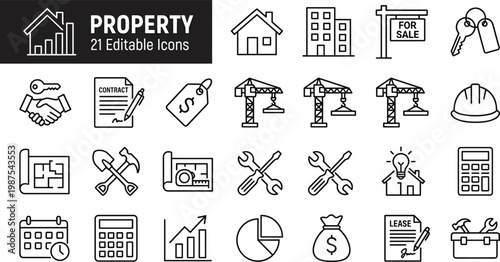 Modern flat design vector illustration featuring 21 editable real estate and property investment icons. Ideal for business, finance, marketing, and educational materials in scalable format.