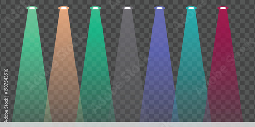 Spotlight effect with multiple colored beams of light illuminating a stage or surface