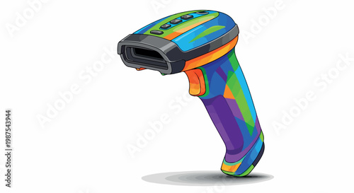 Colorful handheld barcode scanner device with vibrant design elements