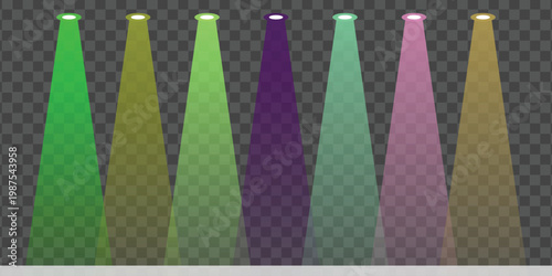 Colorful spotlight beams illuminating a dark stage or backdrop with a transparent effect