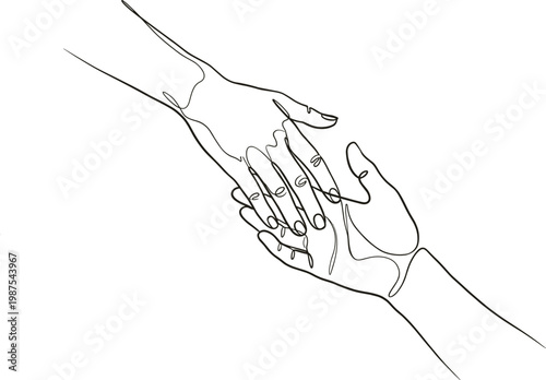 Continuous line drawing hands reaching connection support trust help compassion relationship concept minimal vector outline illustration style modern