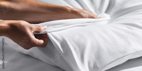 Close-up of hands folding a soft, white, airy pillow with gentle creases