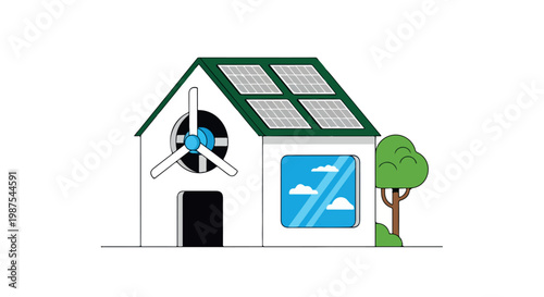 A small house powered by renewable energy sources like solar and wind
