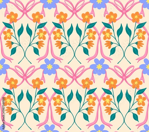 Vintage Cottagecore Floral Seamless Pattern with Pink Ribbons on Cream Background