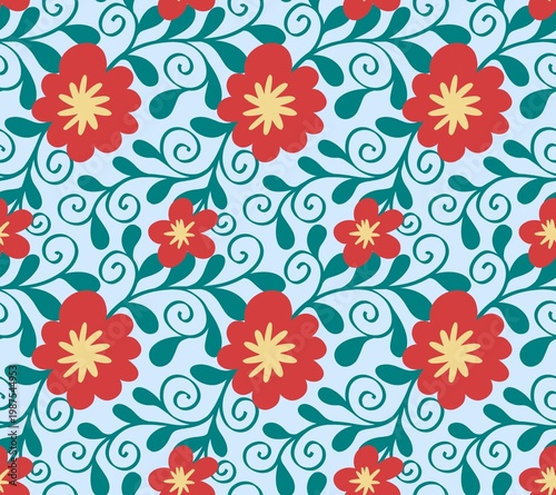 Red Floral Seamless Pattern with Green Vines and Leaves on Light Blue Background