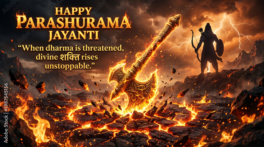 Naklejka premium Happy Parashurama Jayanti - Parashurama's Axe in Fiery Desolation