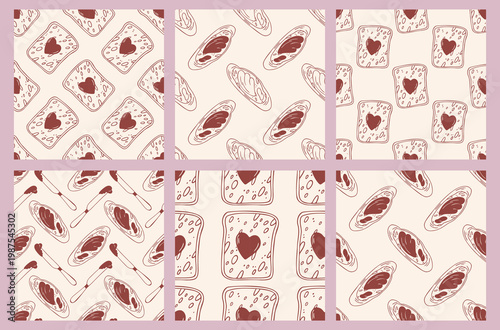 Bread slices seamless pattern collection, toast with chocolate heart, bruschetta with jam or butter spread, brown outline doodle flat retro style. Bakery background set for breakfast concept on beige