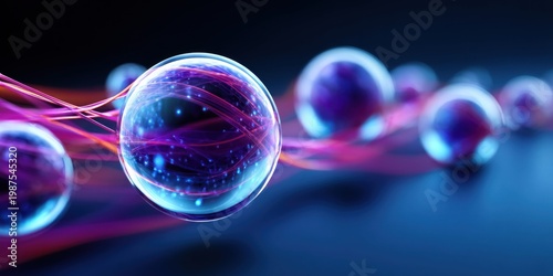 Abstract glowing spheres with swirling energy trails on a dark blue background