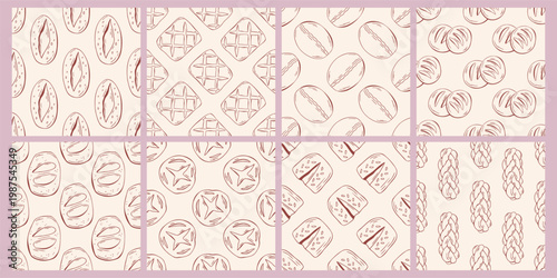 Artisan bread seamless pattern collection with braided loaf, ciabatta, brown outline doodle flat retro style. Minimalist hand drawn bakery background set for food print, packaging, on beige background