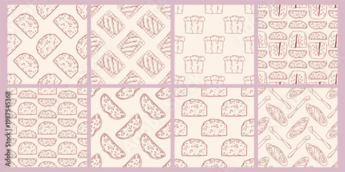 Bread seamless pattern collection with slices,  bruschetta with butter, kitchen knife and brioche, brown outline doodle flat retro style. Bakery background set for textile print, isolated on beige
