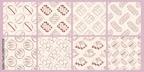 Bread seamless pattern collection with braided loaf, brioche and bun on napkin, brown outline doodle flat retro style. Minimalist hand drawn bakery background set for textile print, packaging