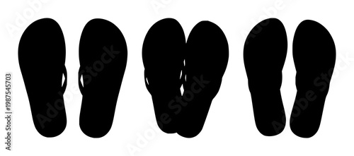 Flip flops set with black silhouette on white background featuring footwear, resort sandals, beach footwear with simple line art and minimalist silhouette