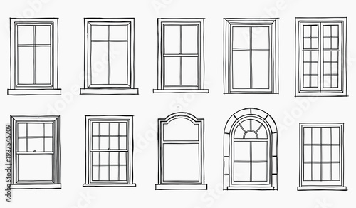 A collection of nine sketched windows in varying styles and shapes
