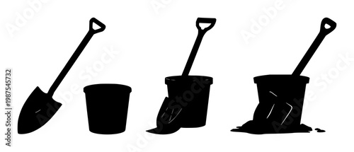 Bucket and spade set with black silhouette on white background featuring gardening tools, earthworks, landscaping with line art and illustration