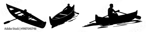 Rowing boat set with black silhouette on white background featuring boat, rowing, silhouette with black and white art and nature