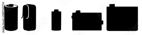 Battery set with various shapes and black silhouette design featuring energy, power, electricity with accumulator and charge