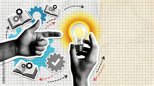 Concept of Business Idea Generation and Teamwork: Retro Halftone Hands, Glowing Lightbulb, and Gears with Copy Space