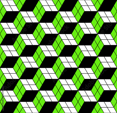 Abstract retro geometric seamless pattern featuring cubes in green, white, and black contrasting shades with a dynamic arrangement