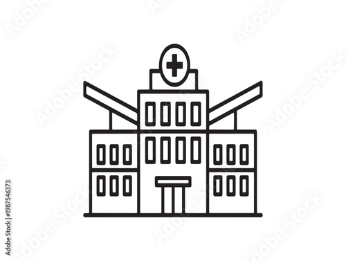 Simple line drawing of a hospital building with a cross symbol on top