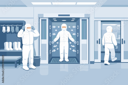 Workers in Protective Hazmat Suits Entering a Sterile Cleanroom through an Airlock and Air Shower Chamber for Decontamination in a Pharmaceutical Laboratory or Semiconductor Manufacturing Plant