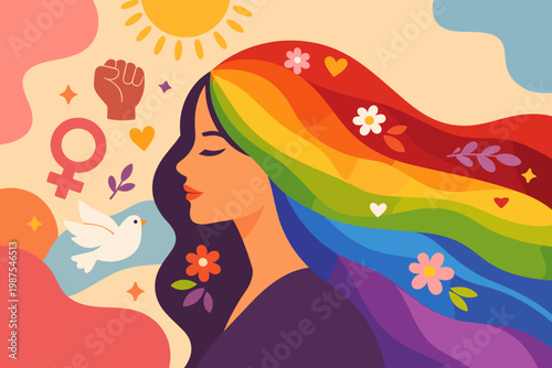 International Women's Day Celebration Illustration Featuring a Woman with Long Rainbow Hair, Female Symbol, Raised Fist for Empowerment, White Dove for Peace, and Flowers for Social Awareness.