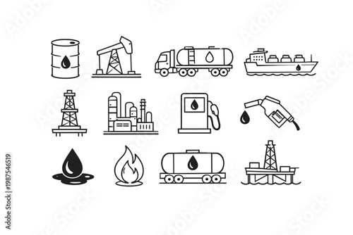 Oil and Petroleum Industry Line Icons Set Featuring Barrel, Pump Jack, Tanker Truck, Ship, Fuel Nozzle, Refinery, Drilling Rig, Offshore Platform, Gas Station, Energy, and Fossil Fuel Vector