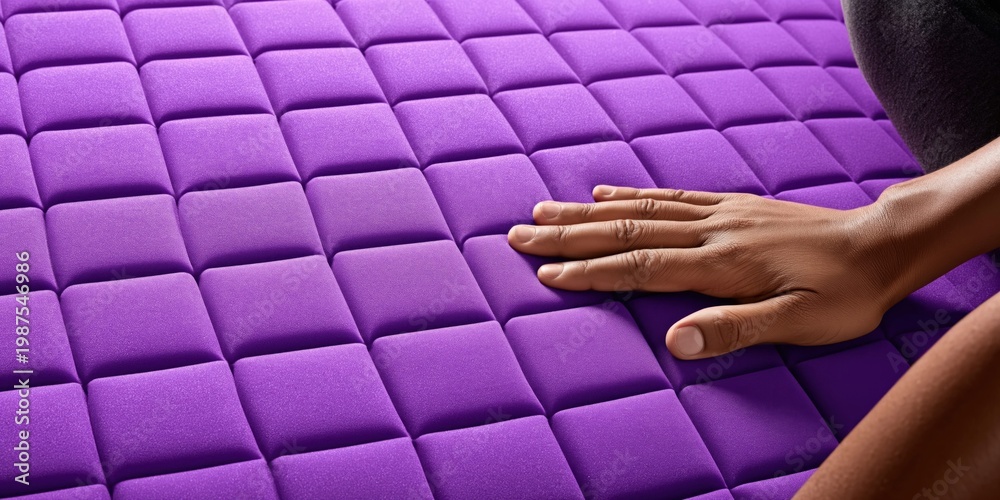 Fototapeta premium Close-up of a hand touching a plush purple mattress with a quilted square pattern