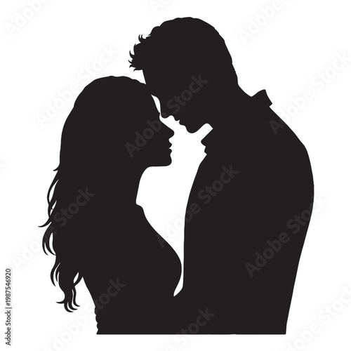 Romantic couple silhouette vector, intimate man and woman profile portrait, black and white lovers embrace graphic for wedding and valentines design