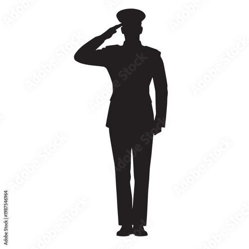 Military soldier silhouette saluting in uniform, army officer standing at attention, black vector man in formal service dress for memorial day