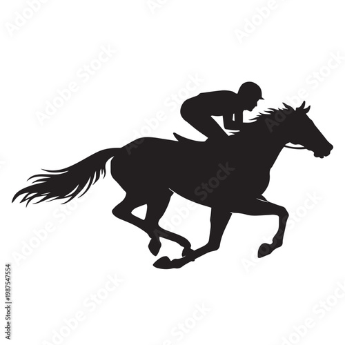 Horse racing silhouette with jockey, professional equestrian sport vector, galloping thoroughbred horse isolated on white, derby competition graphic