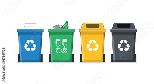 Four recycling bins for different types of waste materials