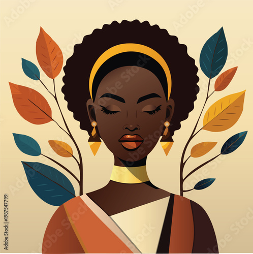 African woman portrait with leaves illustration