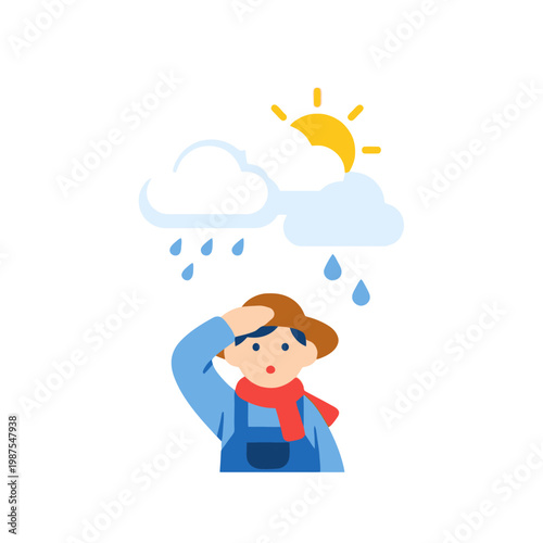 Farmer in overalls and hat looks up at sun and rain clouds, weather change