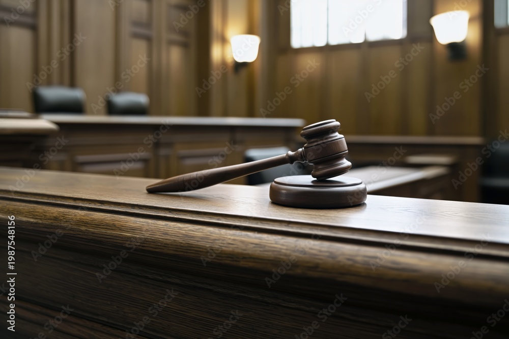 Obraz premium Setting in an American Courtroom With a Flag and an Empty Chair for a Witness