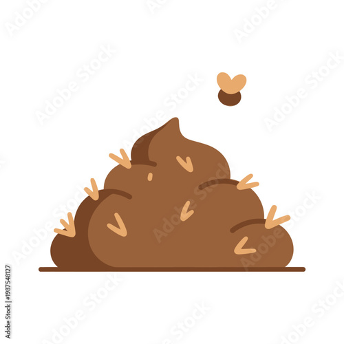 Cartoon pile of feces with straw and fly, isolated on white background