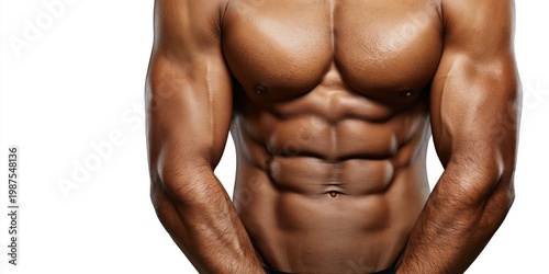 Close-up of a Latino man's sculpted abdominal muscles and toned arms