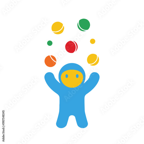 Child Juggling Colorful Balls in Blue Suit, Fun Activity